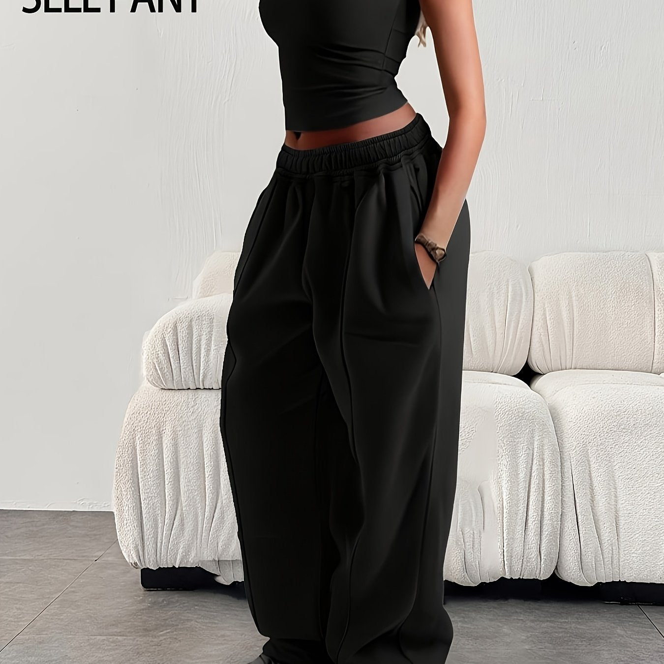 Effortless Wide Leg Sweatpants for Women with High Waist Elastic Pocket Relaxed Baggy Casual Style