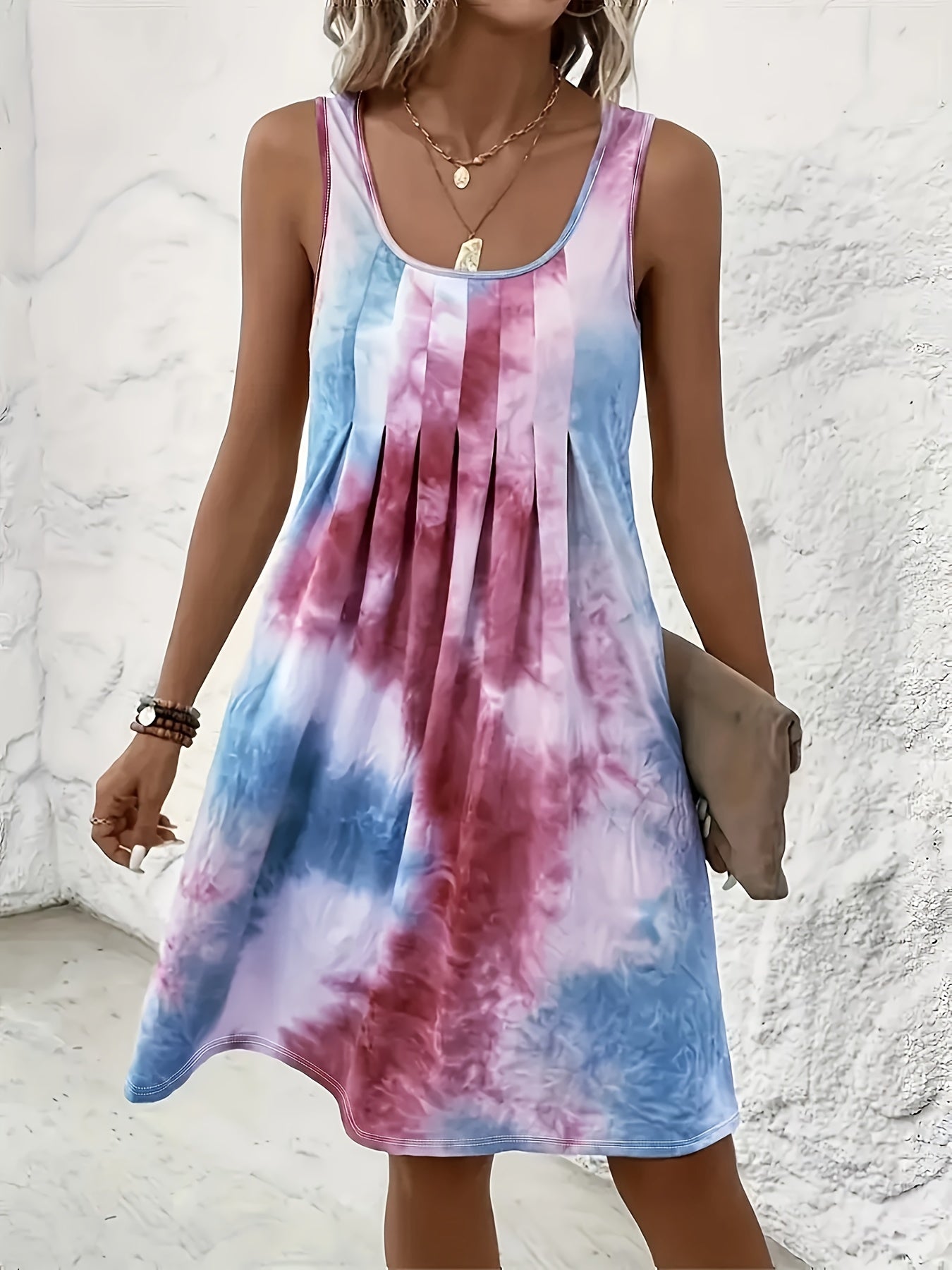 Effortless Tie Dye Mini Dress for Women with Scoop Neck Sleeveless Pleated Front Bohemian Style
