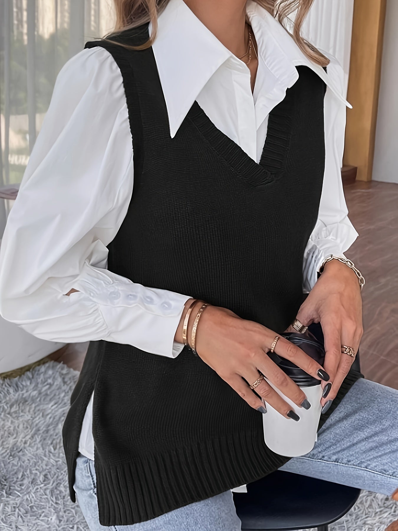Comfortable Ribbed Knit Sweater Vest for Women with V Neck Sleeveless Relaxed Oversized Style