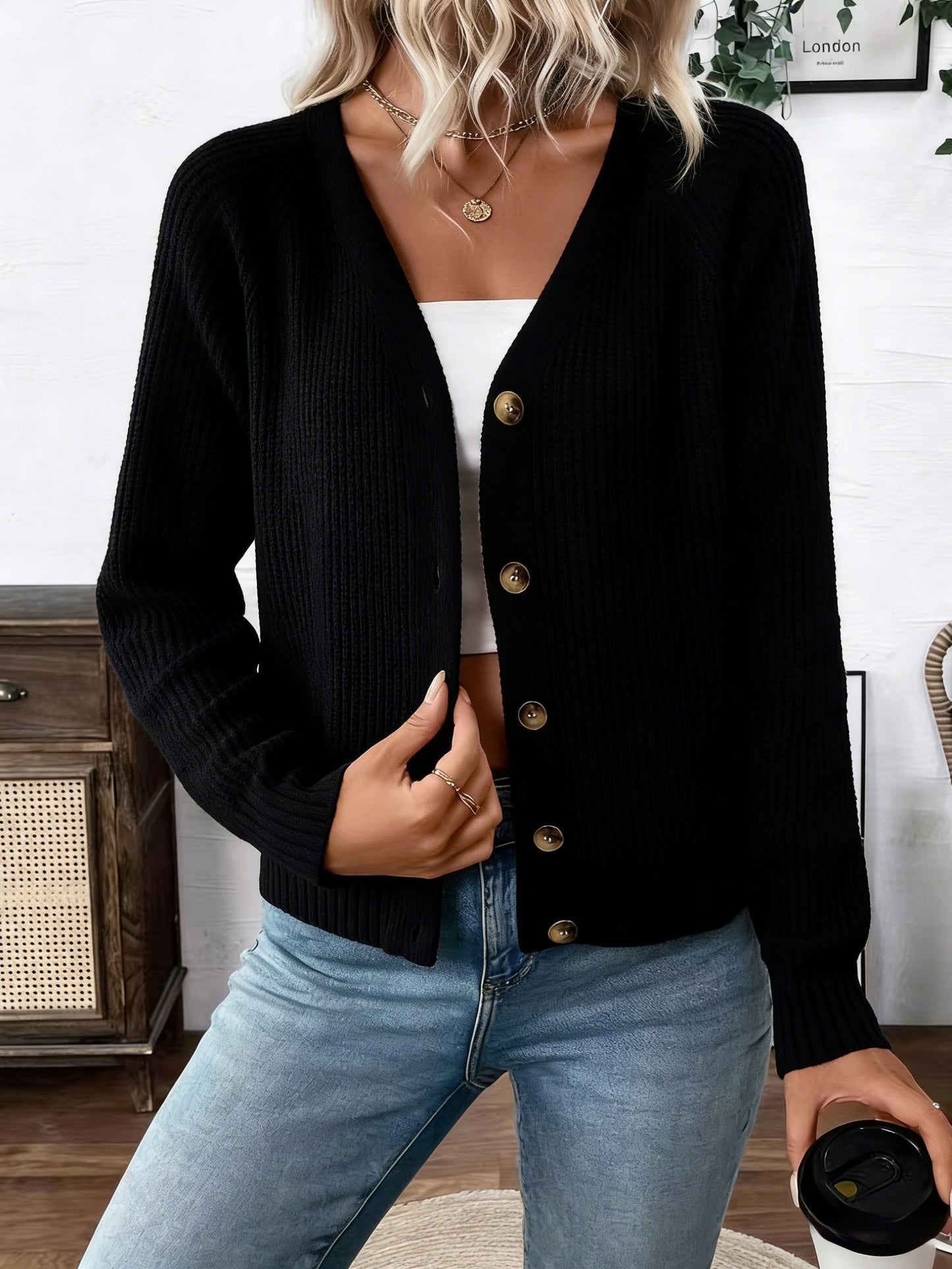 Comfortable Ribbed Knit Cardigan for Women with V Neck Long Sleeve Button Front Relaxed Cropped Style