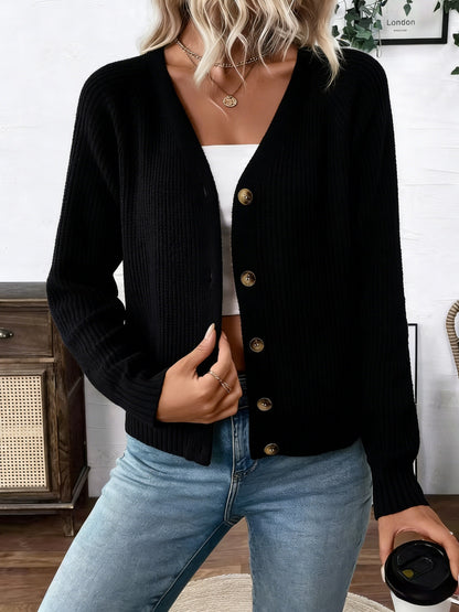 Comfortable Ribbed Knit Cardigan for Women with V Neck Long Sleeve Button Front Relaxed Cropped Style