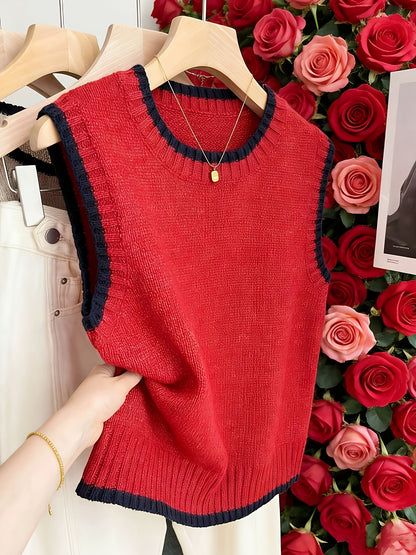 Comfortable Contrast Trim Sweater Vest for Women with Crew Neck Sleeveless Ribbed Hem Oversized Knit Style