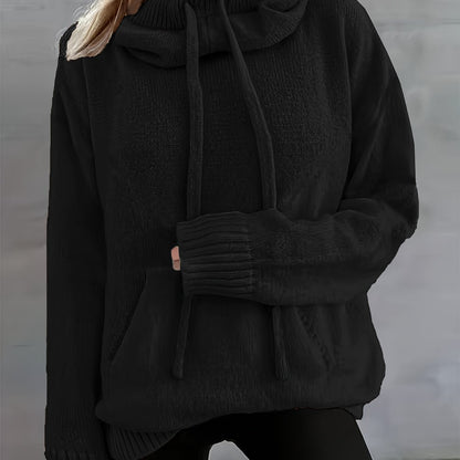 Comfortable Knit Sweater for Women with Cowl Neck Long Sleeve Drawstring Oversized Style