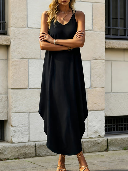 Effortless Black Maxi Dress for Women with V Neck Spaghetti Strap Cocoon Flowing Style