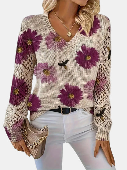 Comfortable Floral Crochet Sweater for Women with V Neck Balloon Sleeve Lace Panel Oversized Knit Style