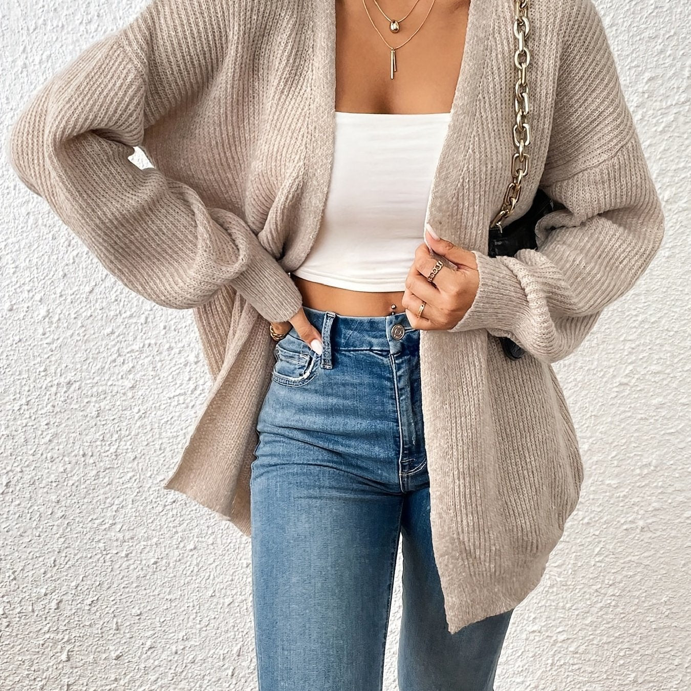 Comfortable Light Yellow Cardigan Sweater for Women with Open Front Balloon Sleeve Oversized Knit Style