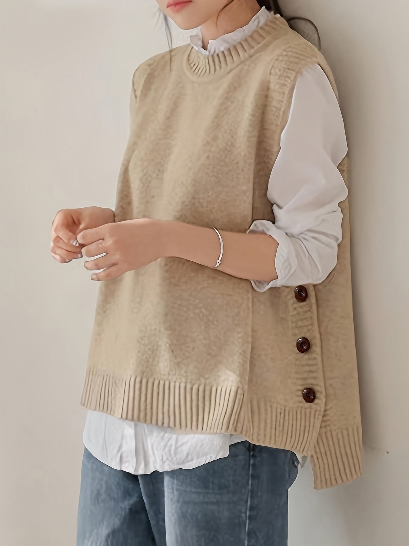 Comfortable Ribbed Knit Sweater Vest for Women with Mock Neck Sleeveless Side Button Relaxed Style