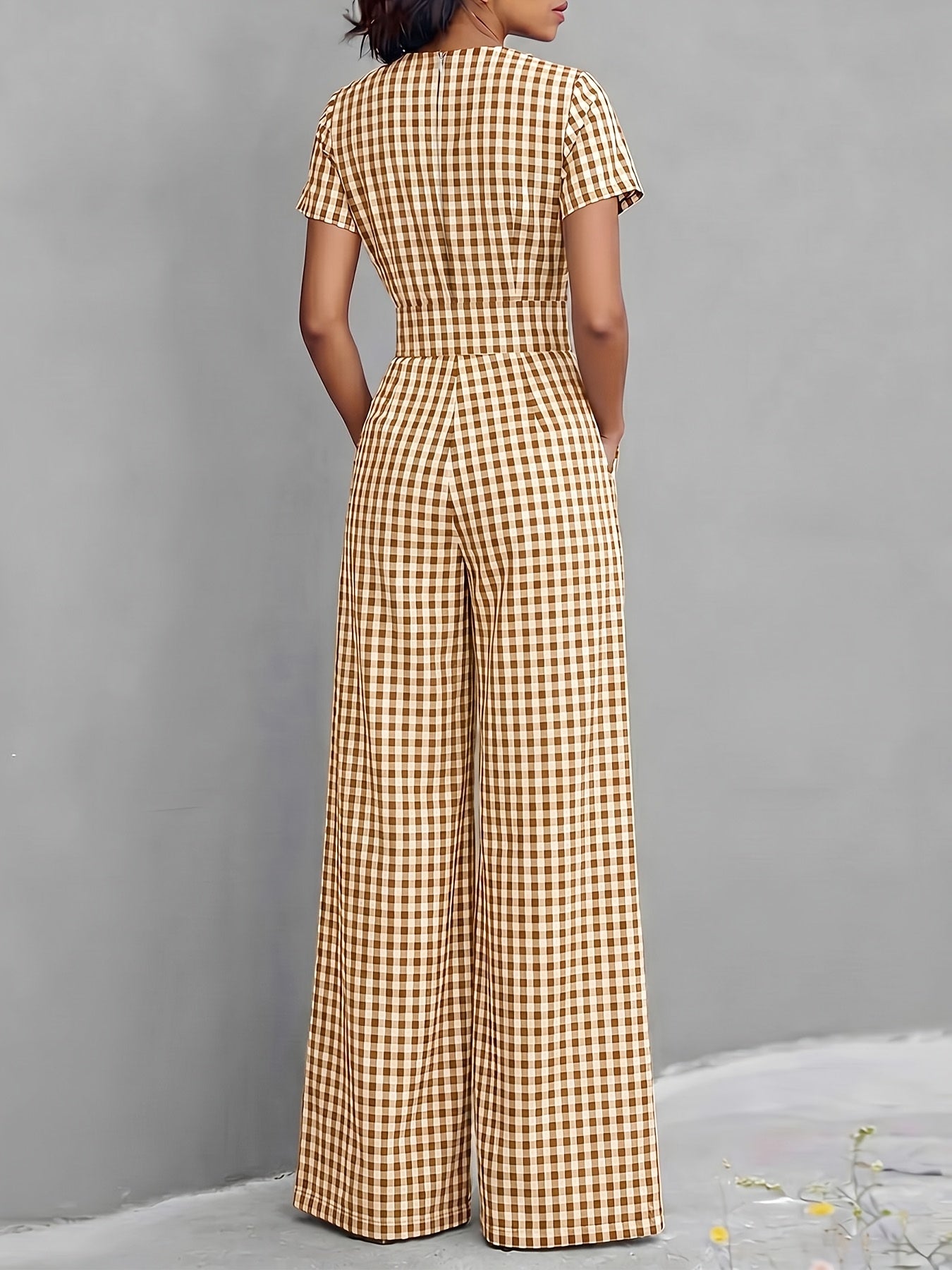 2026 Spring Summer New Plaid V-Neck Short Sleeve Jumpsuit Women'S High-Waist Wide-Leg Straight Long Pants, Women'S Commute Casual Two-Wear Jumpsuit, High-Waist Waist-Cinching Design with Flowing Wide-Leg Trousers