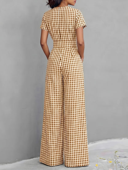 2026 Spring Summer New Plaid V-Neck Short Sleeve Jumpsuit Women'S High-Waist Wide-Leg Straight Long Pants, Women'S Commute Casual Two-Wear Jumpsuit, High-Waist Waist-Cinching Design with Flowing Wide-Leg Trousers