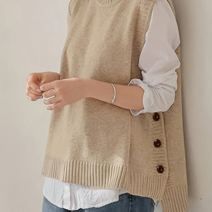 Comfortable Ribbed Knit Sweater Vest for Women with Mock Neck Sleeveless Side Button Relaxed Style