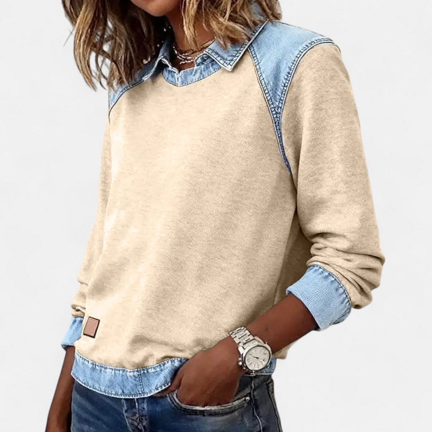 Comfortable Denim Trim Sweatshirt for Women with Layered Collar Long Sleeve Colorblock Casual Style