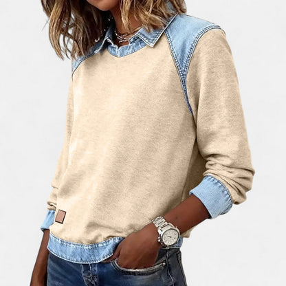 Effortless Denim Colorblock Sweatshirt for Women with Collar Long Raglan Sleeve Contrast Cuff Casual Style
