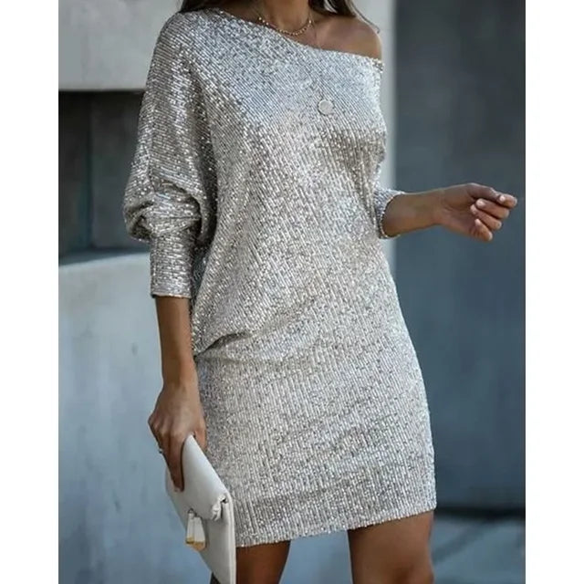 Elegant Sequin Mini Dress for Women with Off Shoulder Batwing Sleeve Bodycon Sparkle Formal Party Style
