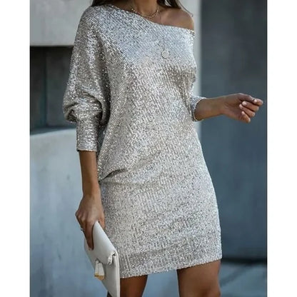 Elegant Sequin Mini Dress for Women with Off Shoulder Batwing Sleeve Bodycon Sparkle Formal Party Style