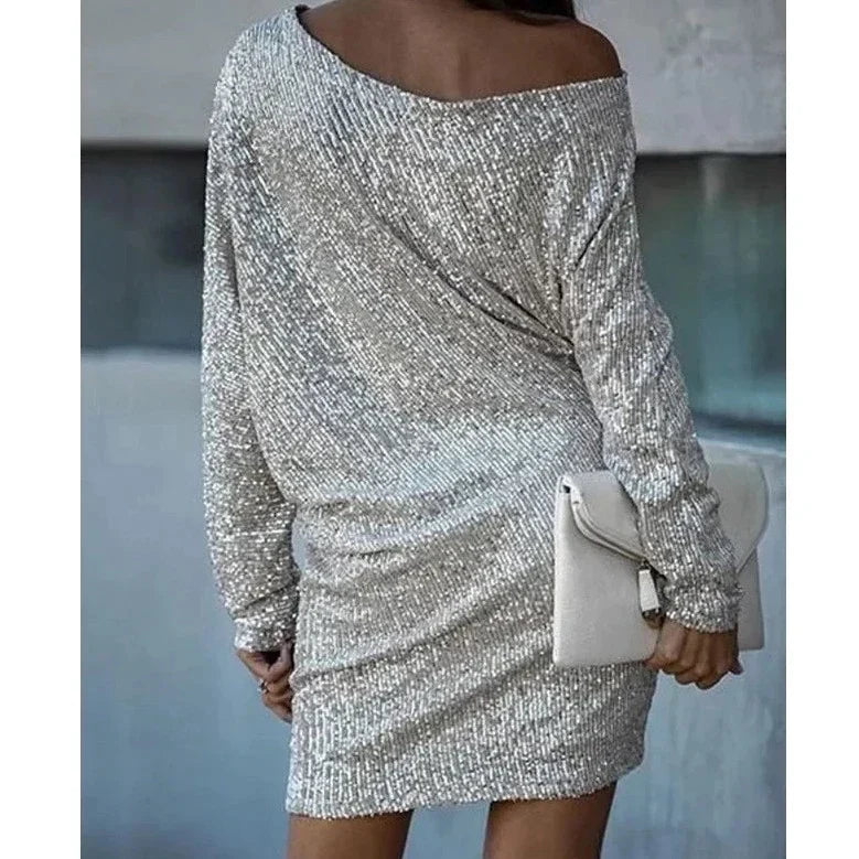 Elegant Sequin Mini Dress for Women with Off Shoulder Batwing Sleeve Bodycon Sparkle Formal Party Style