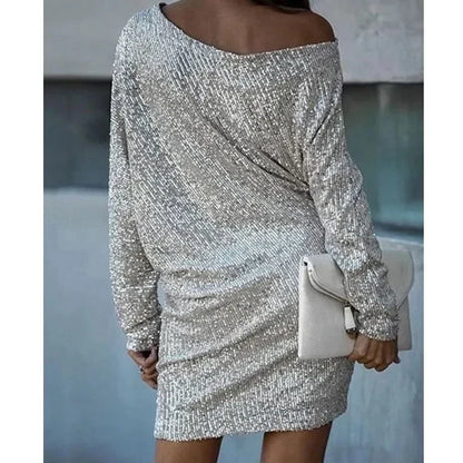Elegant Sequin Mini Dress for Women with Off Shoulder Batwing Sleeve Bodycon Sparkle Formal Party Style
