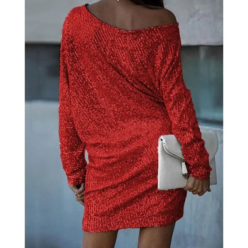 Elegant Sequin Mini Dress for Women with Off Shoulder Batwing Sleeve Bodycon Sparkle Formal Party Style