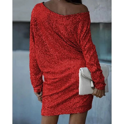 Elegant Sequin Mini Dress for Women with Off Shoulder Batwing Sleeve Bodycon Sparkle Formal Party Style