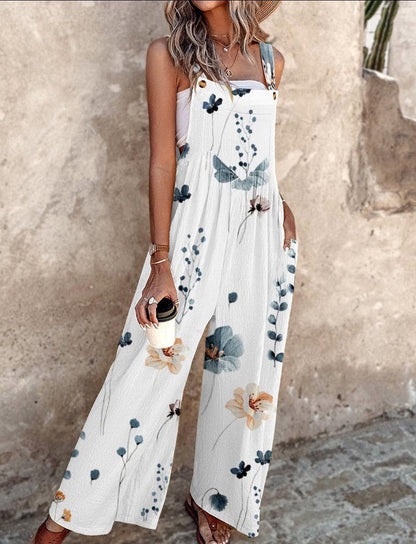 Effortless Floral Wide Leg Jumpsuit for Women with Square Neck Sleeveless Button Front Bohemian Style