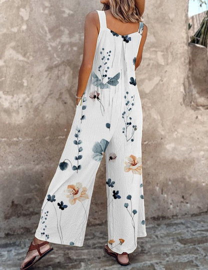 Effortless Floral Wide Leg Jumpsuit for Women with Square Neck Sleeveless Button Front Bohemian Style