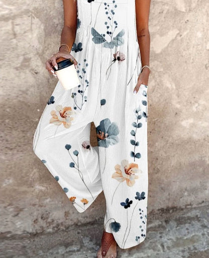 Effortless Floral Wide Leg Jumpsuit for Women with Square Neck Sleeveless Button Front Bohemian Style