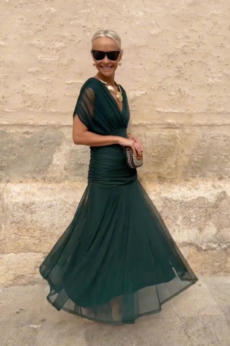 Elegant Green Maxi Dress for Women with Wrap V Neck Short Sleeve Ruched Flowing Formal Wedding Guest Style