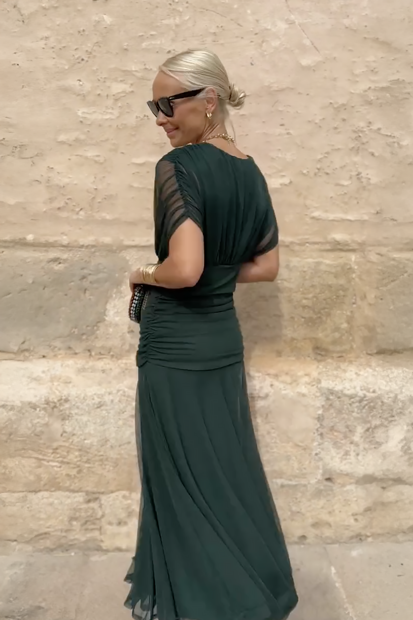 Elegant Green Maxi Dress for Women with Wrap V Neck Short Sleeve Ruched Flowing Formal Wedding Guest Style