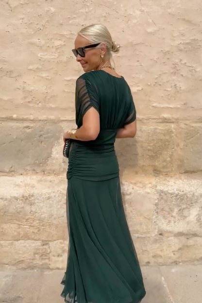 Elegant Green Maxi Dress for Women with Wrap V Neck Short Sleeve Ruched Flowing Formal Wedding Guest Style