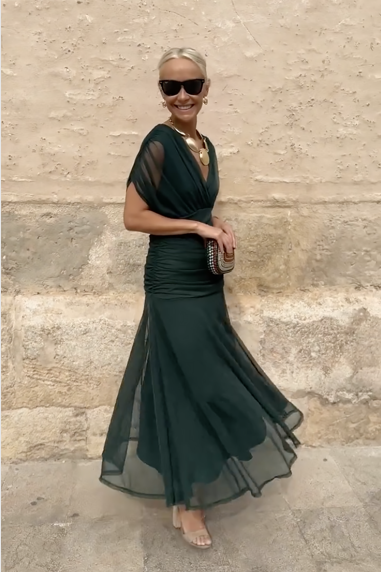 Elegant Green Maxi Dress for Women with Wrap V Neck Short Sleeve Ruched Flowing Formal Wedding Guest Style