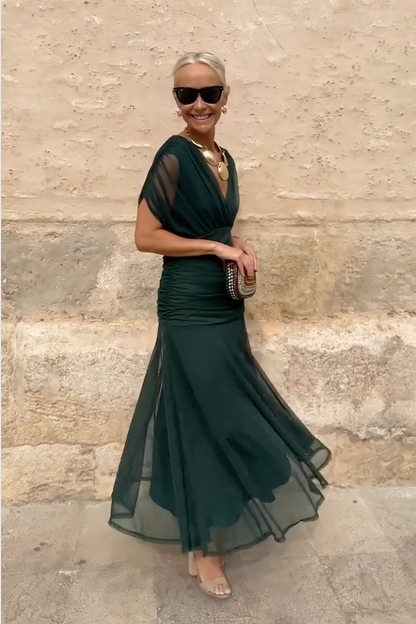 Elegant Green Maxi Dress for Women with Wrap V Neck Short Sleeve Ruched Flowing Formal Wedding Guest Style