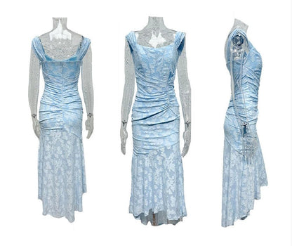 Elegant Lace Mermaid Dress for Women with Square Neck Sleeveless Corset Ruched Formal Wedding Guest Style