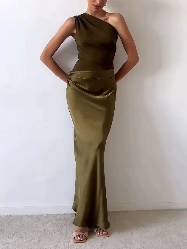 Elegant Satin Maxi Dress for Women with One Shoulder Ruched Draped Mermaid Evening Style