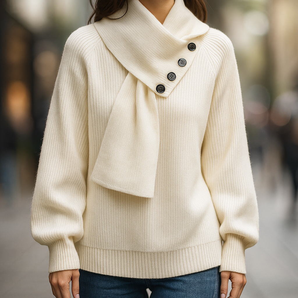 Comfortable Knit Sweater for Women with Asymmetrical Collar Batwing Sleeve Button Detail Relaxed Style