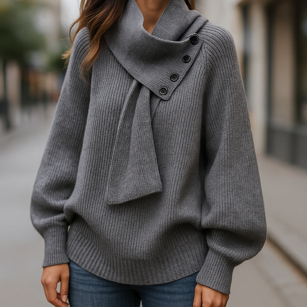 Comfortable Knit Sweater for Women with Asymmetrical Collar Batwing Sleeve Button Detail Relaxed Style