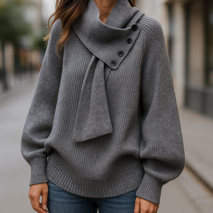 Comfortable Knit Sweater for Women with Asymmetrical Collar Batwing Sleeve Button Detail Relaxed Style