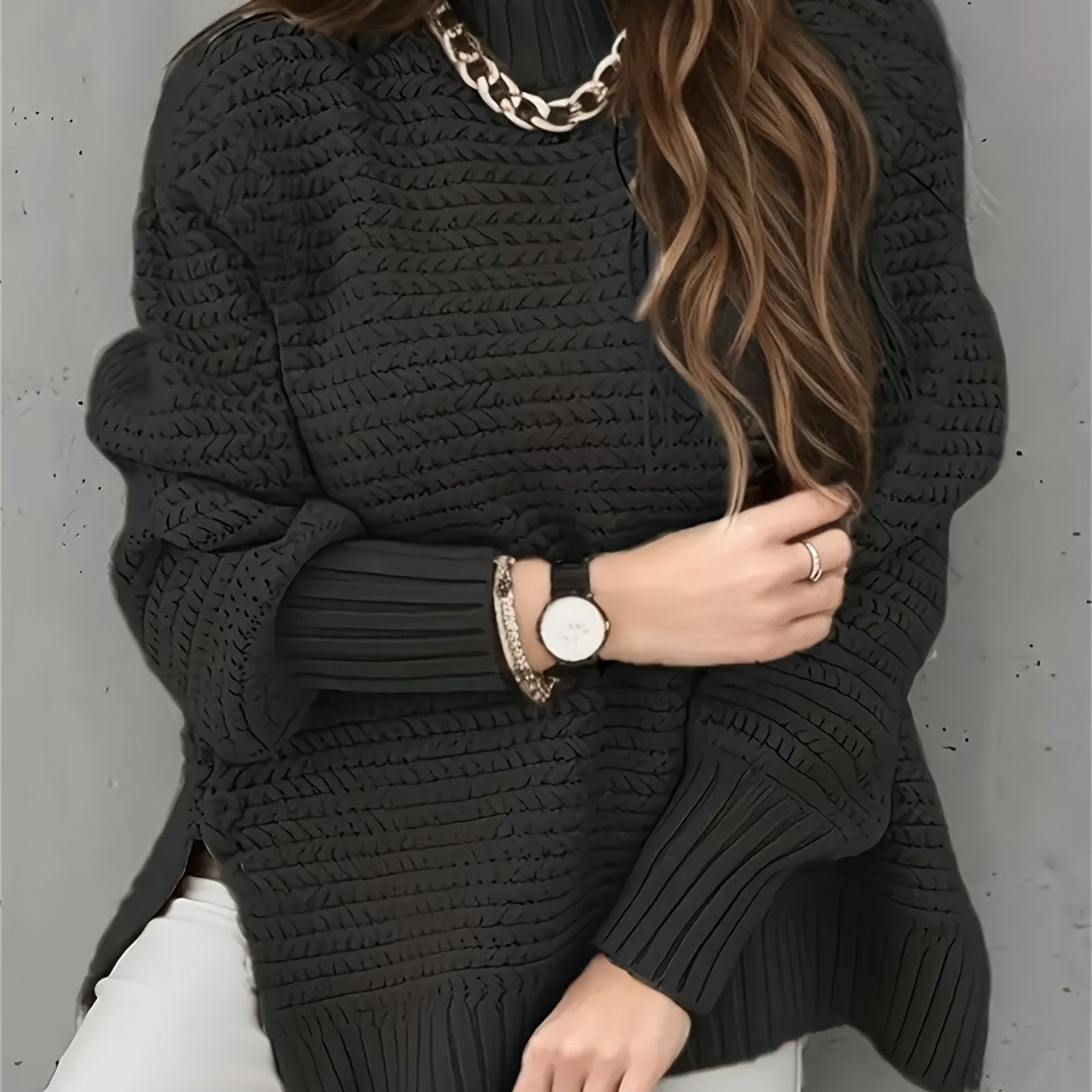 Comfortable Textured Knit Sweater for Women with High Neck Long Sleeve Relaxed Oversized Style