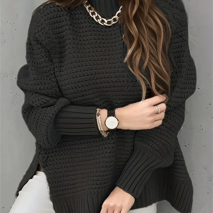 Comfortable Textured Knit Sweater for Women with High Neck Long Sleeve Relaxed Oversized Style