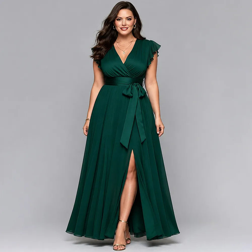 Elegant Dark Green Chiffon Maxi Dress for Women with V Neck Flutter Sleeve Wrap Tie Waist Flowing Formal Wedding Guest Style