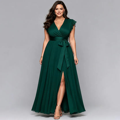 Elegant Dark Green Chiffon Maxi Dress for Women with V Neck Flutter Sleeve Wrap Tie Waist Flowing Formal Wedding Guest Style