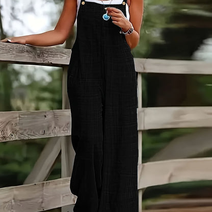 Women's Vacation Wide-Leg Jumpsuit - Sleeveless with Adjustable Buckle Straps, Pockets Included, Machine Washable, Solid Color