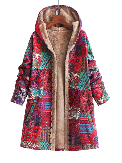 Effortless Patchwork Print Fleece Lined Coat for Women with Hooded Long Sleeve Button Front Oversized Bohemian Style