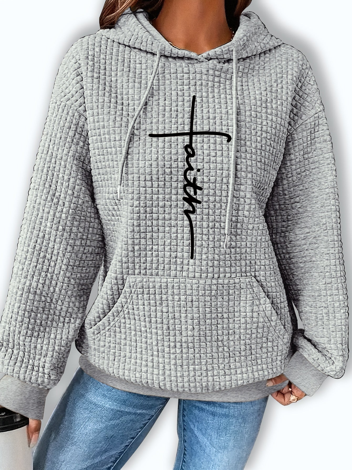 Comfortable Waffle Knit Graphic Hoodie for Women with Drawstring Hood Long Sleeve Oversized Relaxed Style