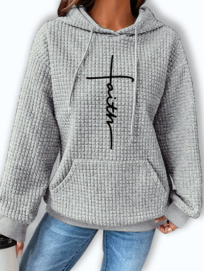 Comfortable Waffle Knit Graphic Hoodie for Women with Drawstring Hood Long Sleeve Oversized Relaxed Style