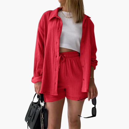 Effortless Crinkle Cotton Two Piece Set for Women with Collared Button Front Drawstring Shorts Relaxed Style