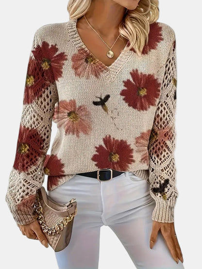 Comfortable Floral Crochet Sweater for Women with V Neck Balloon Sleeve Lace Panel Oversized Knit Style