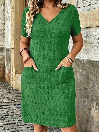 Plus Size Women'S Solid V-Neck Short Sleeve Dress, Pocket Style Summer Casual Dress