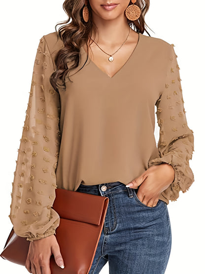 Effortless Swiss Dot Blouse for Women with V Neck Bishop Sleeve Textured Chiffon Casual Style