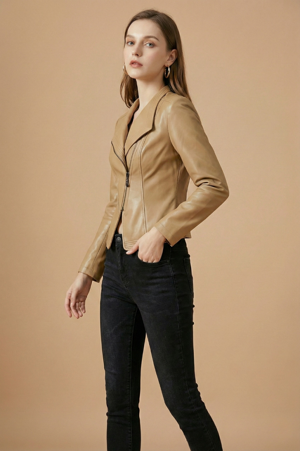 Elegant Leather Jacket for Women with Notch Collar Long Sleeve Asymmetric Zip Moto Style