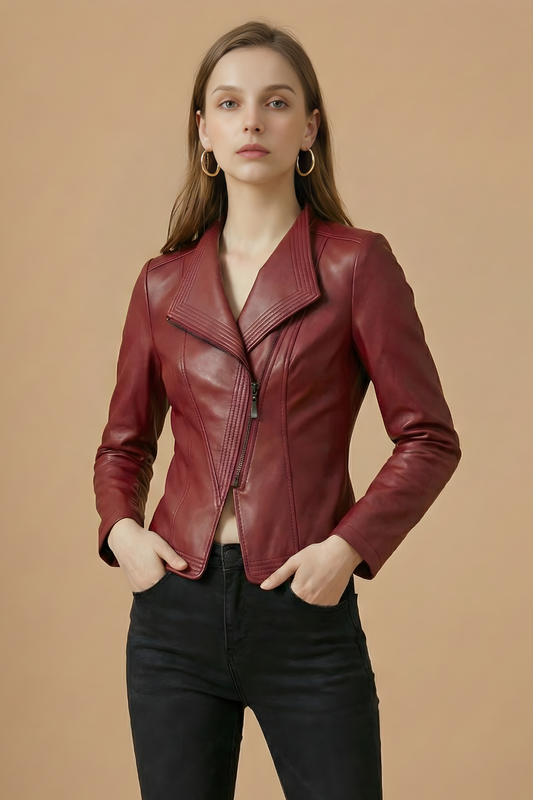 Elegant Leather Jacket for Women with Notch Collar Long Sleeve Asymmetric Zip Moto Style