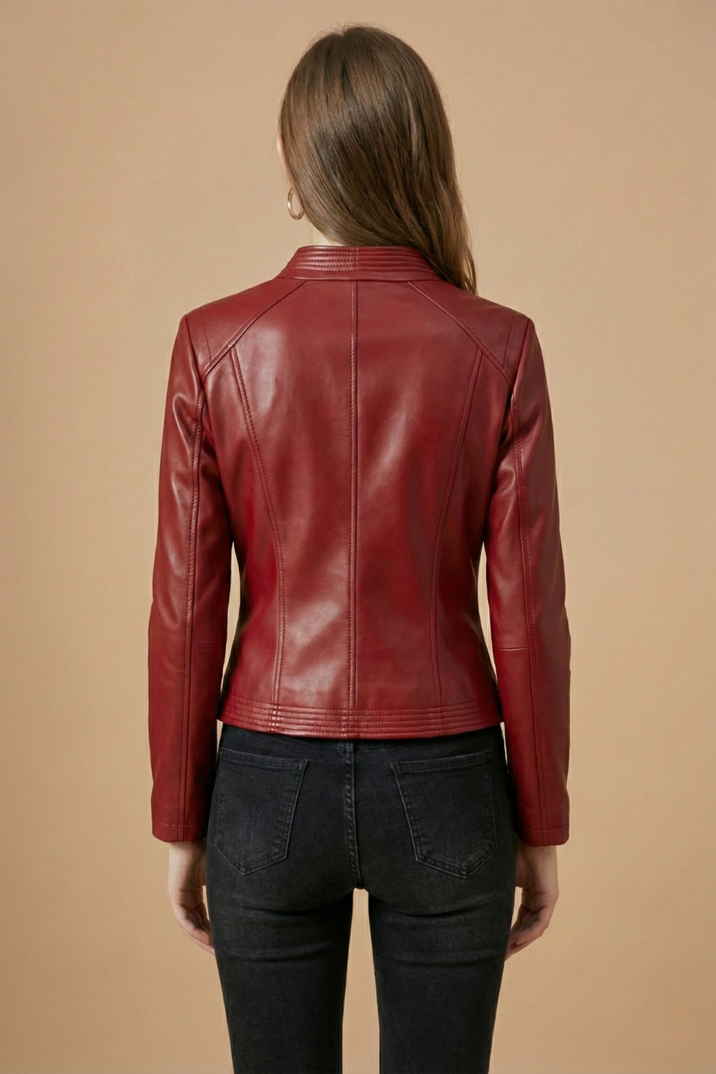 Elegant Leather Jacket for Women with Notch Collar Long Sleeve Asymmetric Zip Moto Style